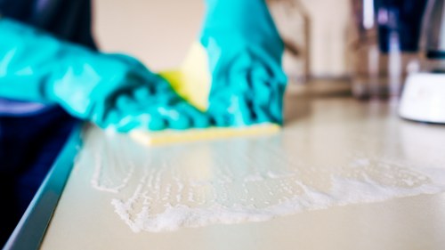 Technician applying cleaning solution with care during carpet cleaning